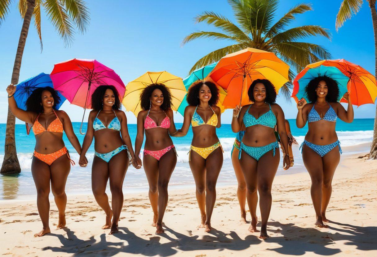 A vibrant beach scene featuring a diverse group of women trying on various stylish bikinis in bright colors. Include a background of sparkling ocean waves, golden sand, and sun umbrellas. Showcase a sunlit atmosphere with palm trees swaying gently in the breeze. Capture the joy of summer and body positivity with uplifting expressions. super-realistic. vibrant colors. sunny atmosphere.